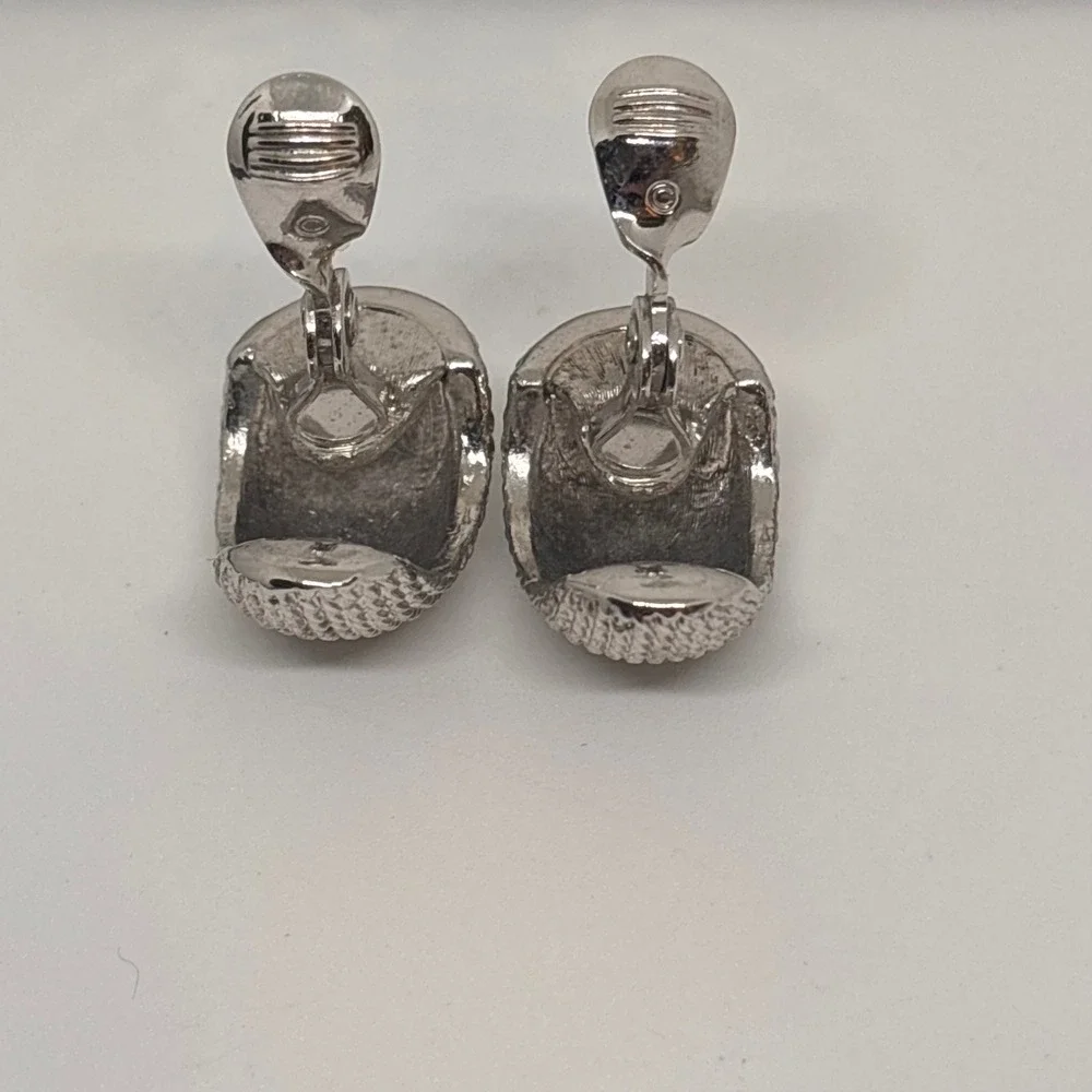 Monet Clip‎ On Earrings Silver Tone Textured Dome Vintage Designer Costume